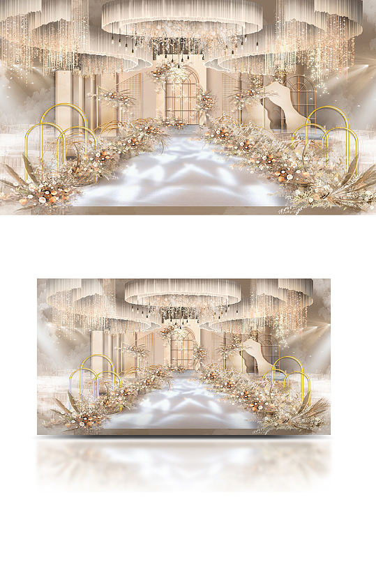 香槟色梦幻婚礼效果图轻奢舞台仪式区浪漫-众图网