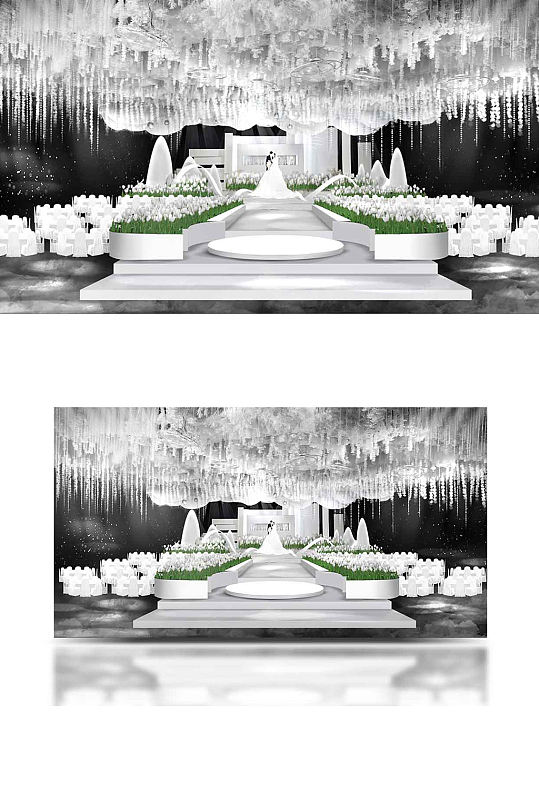 白绿色轻奢风婚礼手绘简约唯美舞台仪式区-众图网