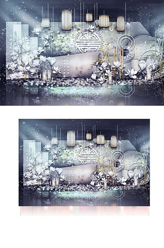 新中式婚礼合影区效果图蓝色淡雅背景板