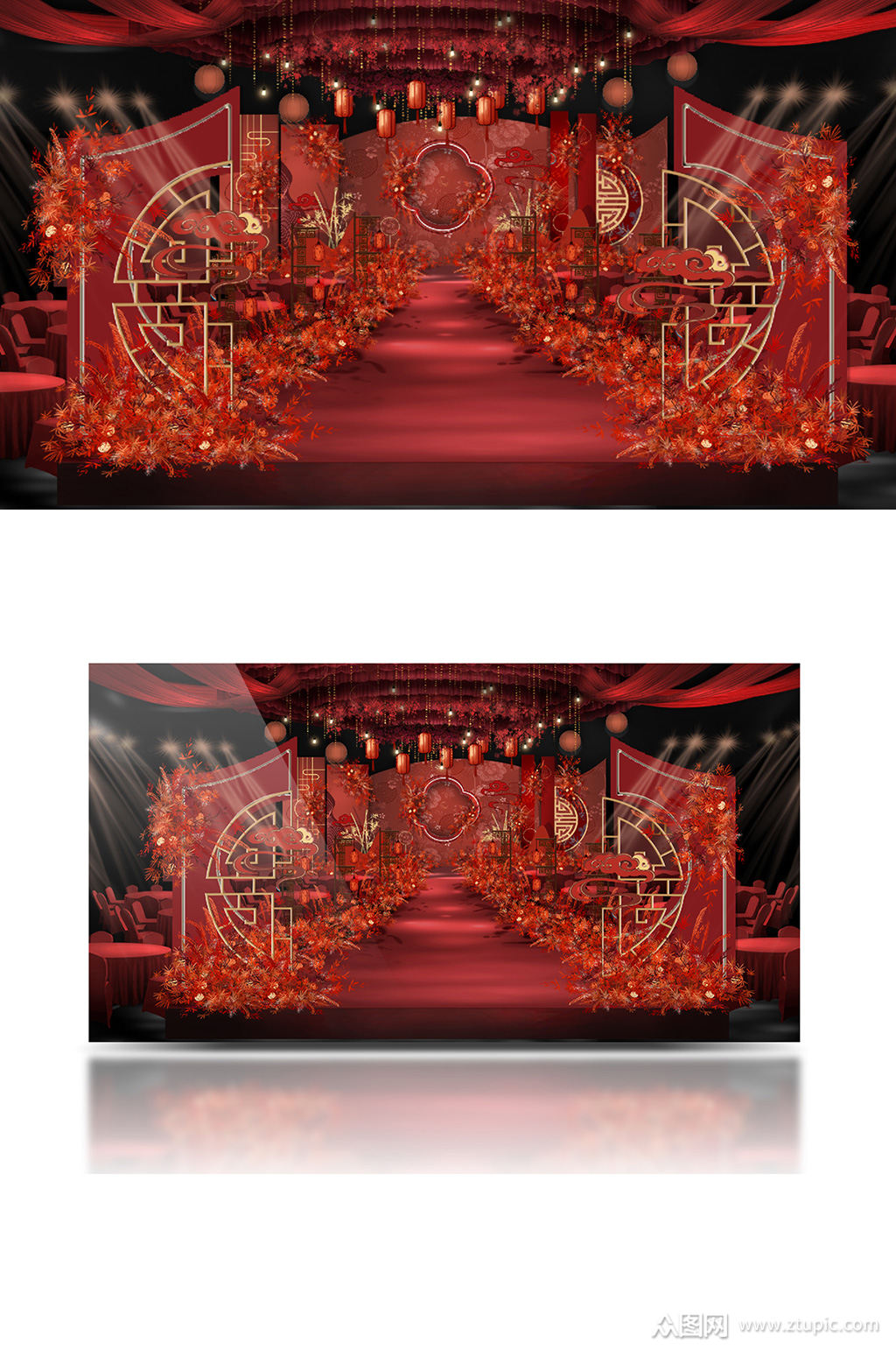 红色中式婚礼舞台效果图大气喜庆舞台合影素材