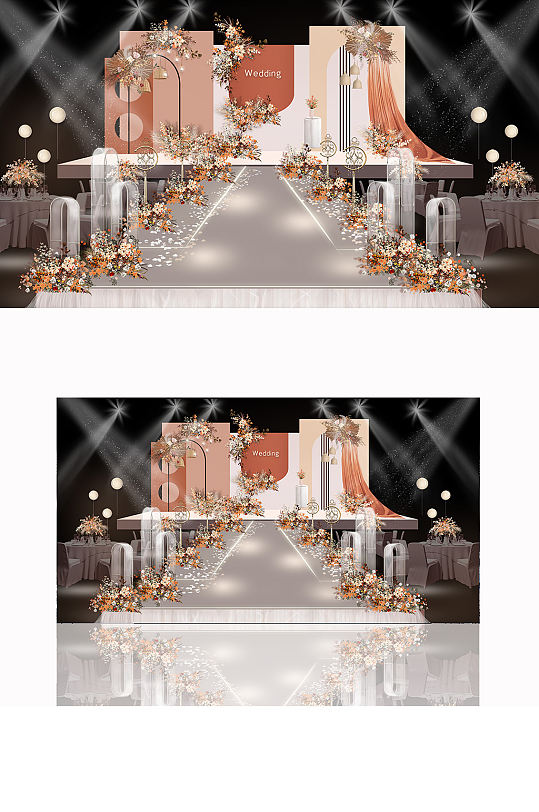 莫兰迪橙色秋色婚礼创意系列设计效果图舞台
