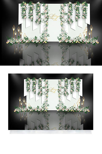白绿色创意几何婚礼迎宾区婚礼效果图背景板
