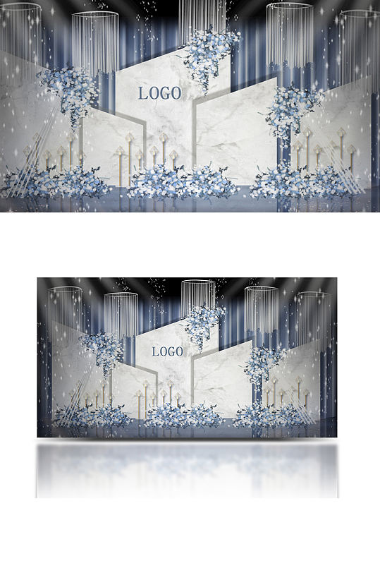 蓝色大理石小清新现代主题舞台婚礼合影背景-众图网