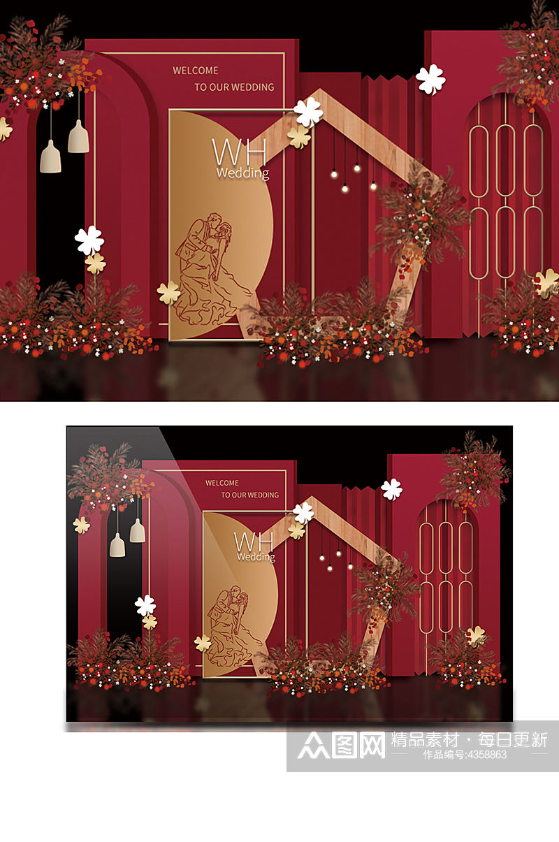 欧式红金婚礼效果图合影迎宾背景板浪漫素材