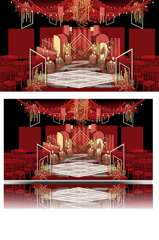 新中式红色婚礼效果图金色舞台仪式区浪漫