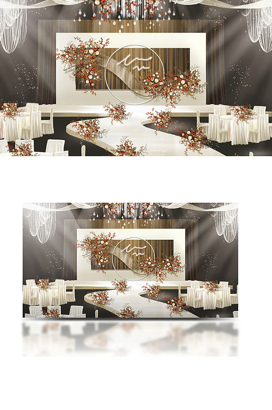 秋季枫叶简约唯美室内主舞台婚礼手绘仪式区-众图网