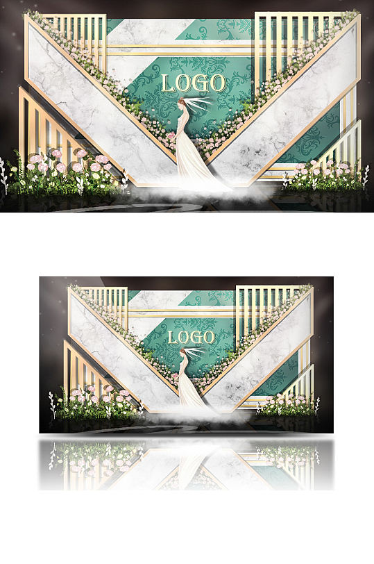 欧式金色栅栏婚礼效果图绿色合影迎宾背景板-众图网