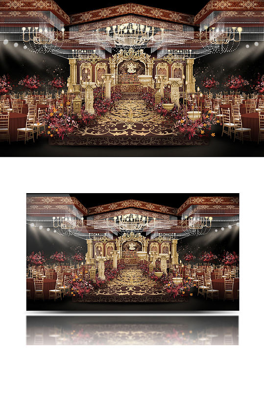 欧式婚礼效果图设计轻奢香槟红色舞台仪式区
