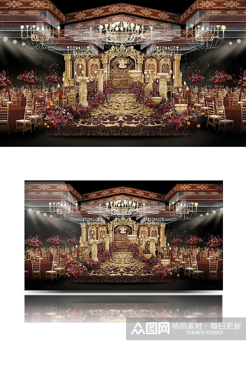 欧式婚礼效果图设计轻奢香槟红色舞台仪式区素材