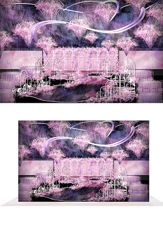 紫色梦幻婚礼效果图舞台合影背景板浪漫