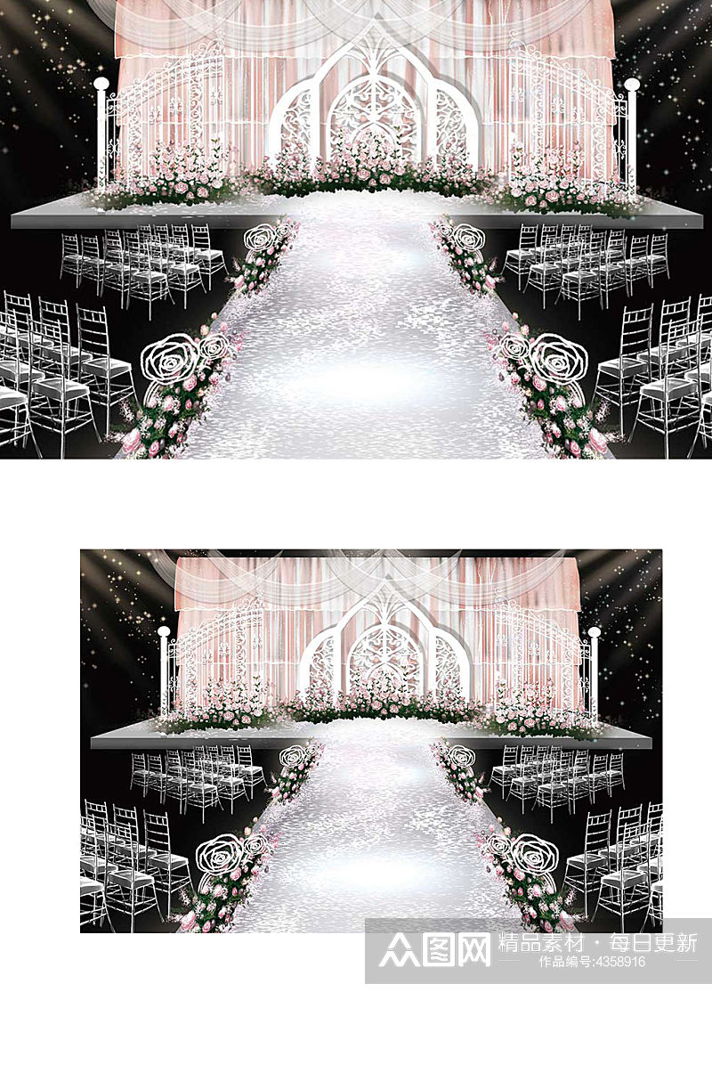 香槟白婚礼效果图舞台仪式区清新粉色素材