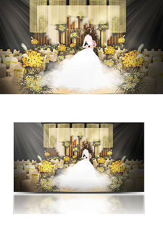 浪漫欧式婚礼现场效果图黄色清新舞台仪式区