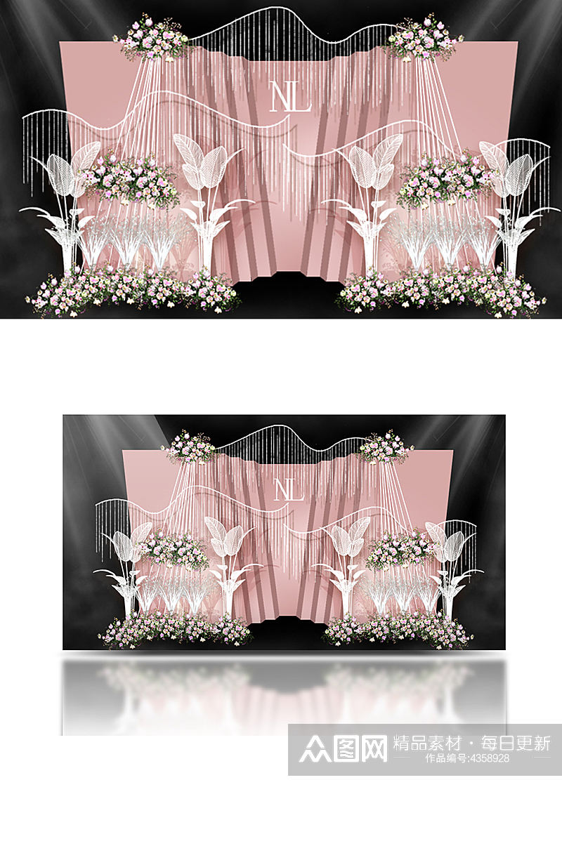 粉白色婚礼迎宾区梦幻唯美合影背景板素材