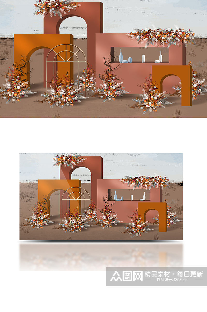 陶土色叠搭拱门波米希亚风沙漠婚礼复古合影素材