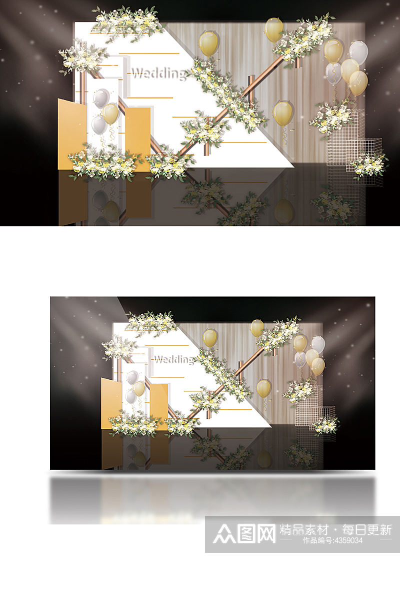 黄白色迎宾婚礼效果图合影背景板清新素材