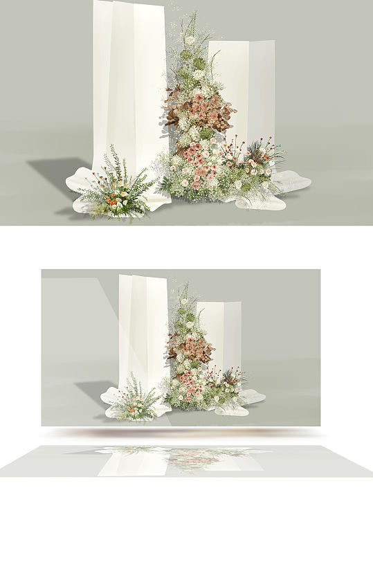清新婚礼效果图纸卷花艺粉绿色简约白色背景