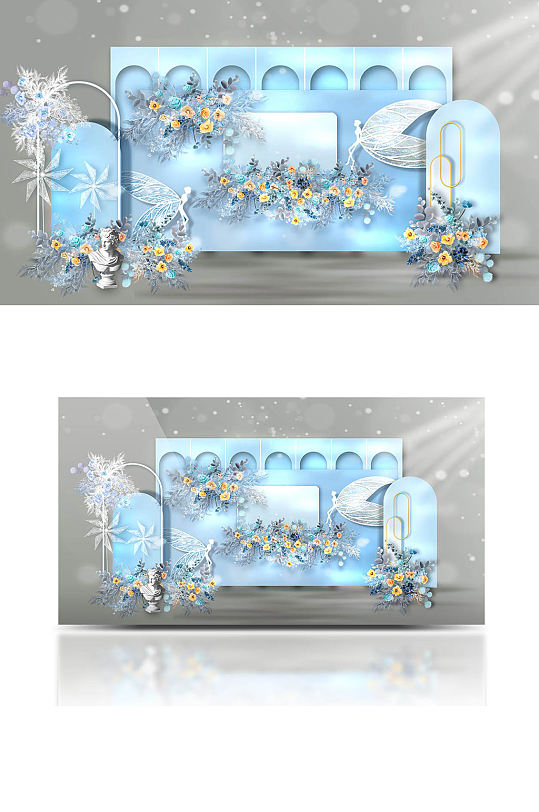 原创蓝色婚礼效果图合影迎宾背景板淡雅-众图网