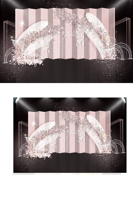 粉色婚礼合影区效果图迎宾背景板清新-众图网