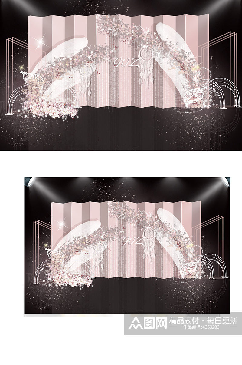 粉色婚礼合影区效果图迎宾背景板清新素材