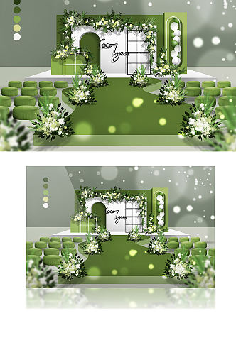 苹果绿白绿色小清新森系室内户外婚礼效果图