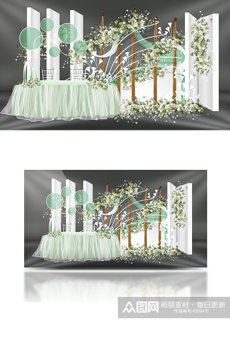 清新婚礼签到区效果图设计白绿色背景板甜品素材