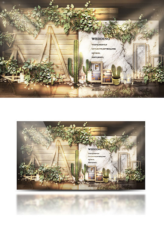 森系大理石婚礼合影区效果图复古迎宾背景板-众图网