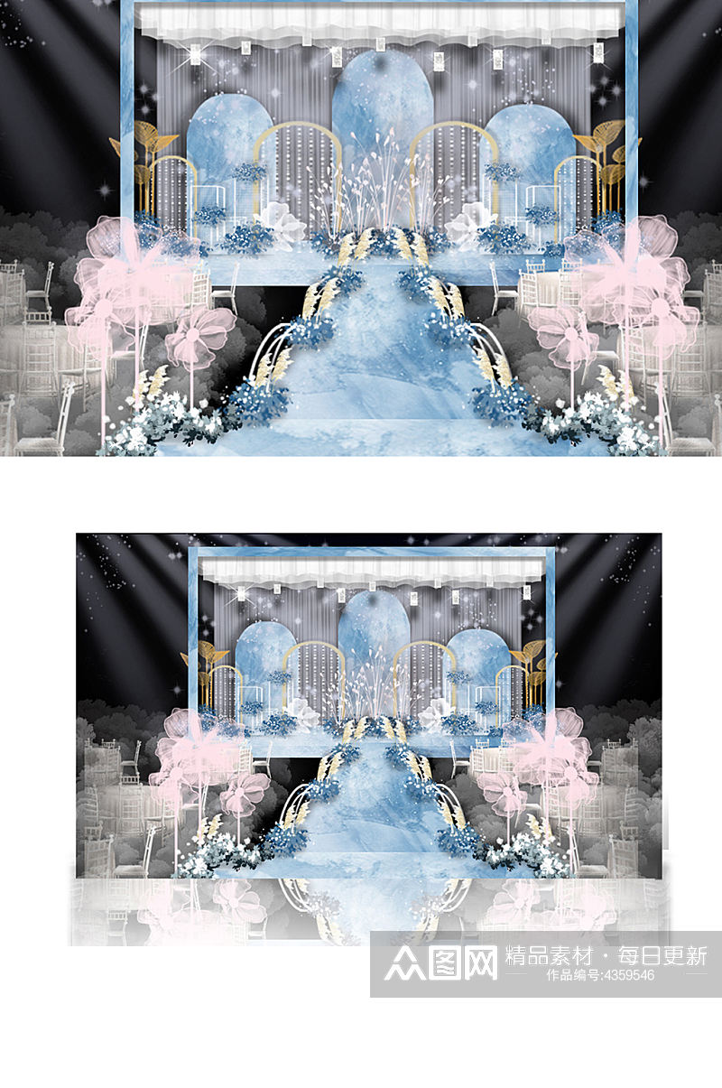 雾霾蓝婚礼效果图粉色舞台仪式区唯美浪漫素材