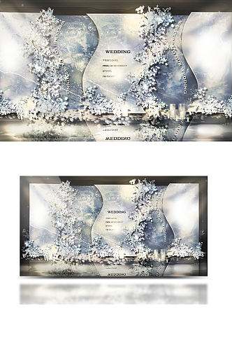 蓝色梦幻婚礼合影区效果图复古质感背景板