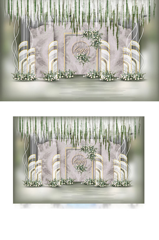 多层次大理石风白绿婚礼效果图合影背景板-众图网