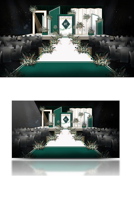 白绿色简约风格婚礼效果图墨绿色舞台仪式区-众图网