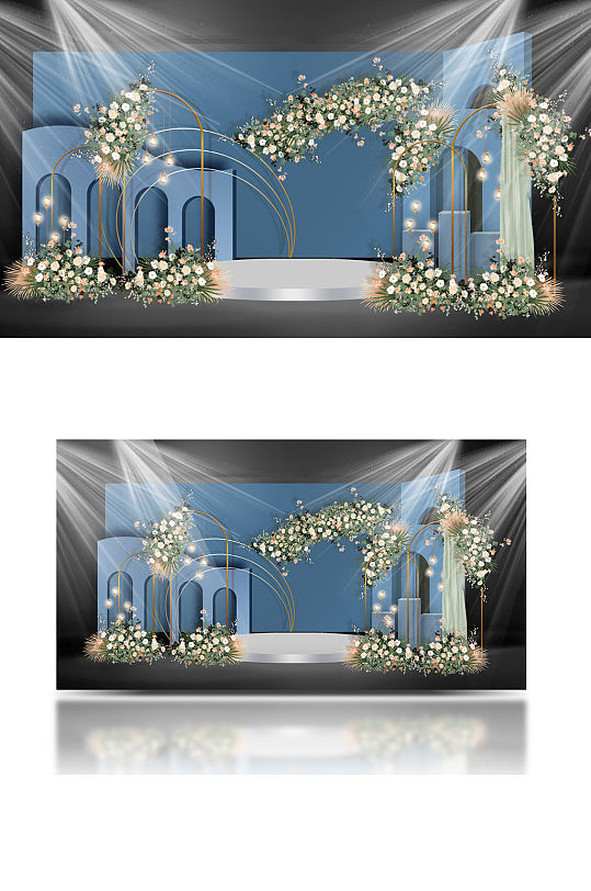 蓝粉色婚礼迎宾区效果图舞台合影背景板-众图网
