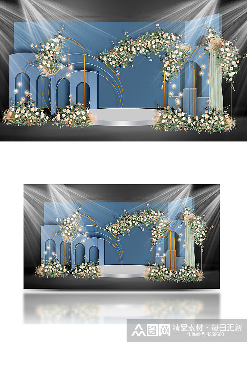 蓝粉色婚礼迎宾区效果图舞台合影背景板素材