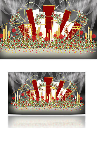 红色简约婚礼效果图设计红金合影背景板中式