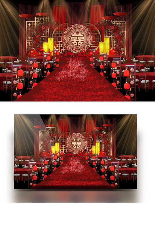 原创红金色中式汉唐古风婚礼效果图大气舞台