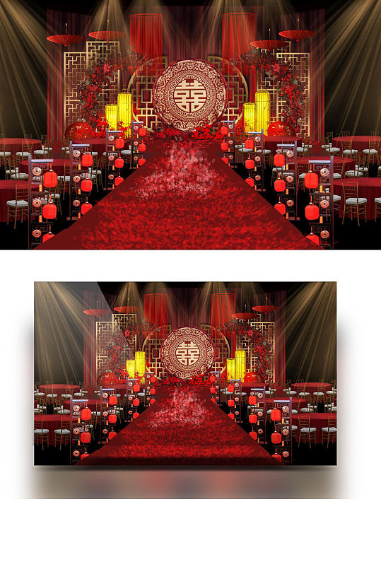原創(chuàng)紅金色中式漢唐古風(fēng)婚禮效果圖大氣舞臺(tái)