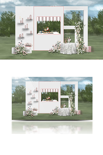 户外小清新婚礼效果图甜品台背景板草坪