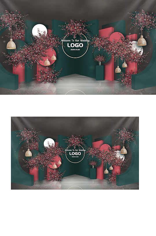 原创莫兰迪撞色简约婚礼效果图红绿背景板-众图网