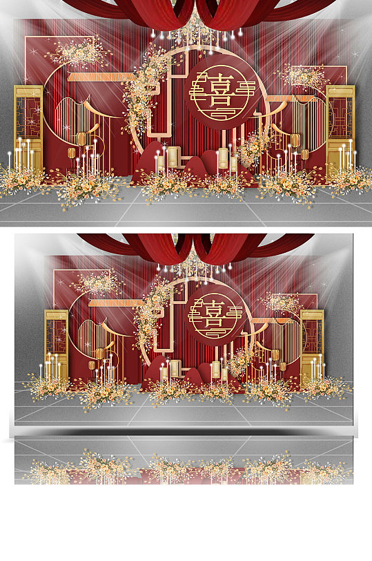 红金色复古喜庆中式婚礼效果图合影背景板