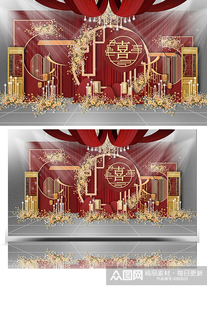 红金色复古喜庆中式婚礼效果图合影背景板素材