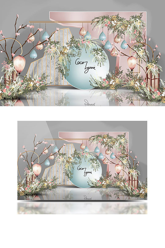 清新蓝粉色中国风新中式婚礼效果图背景板-众图网