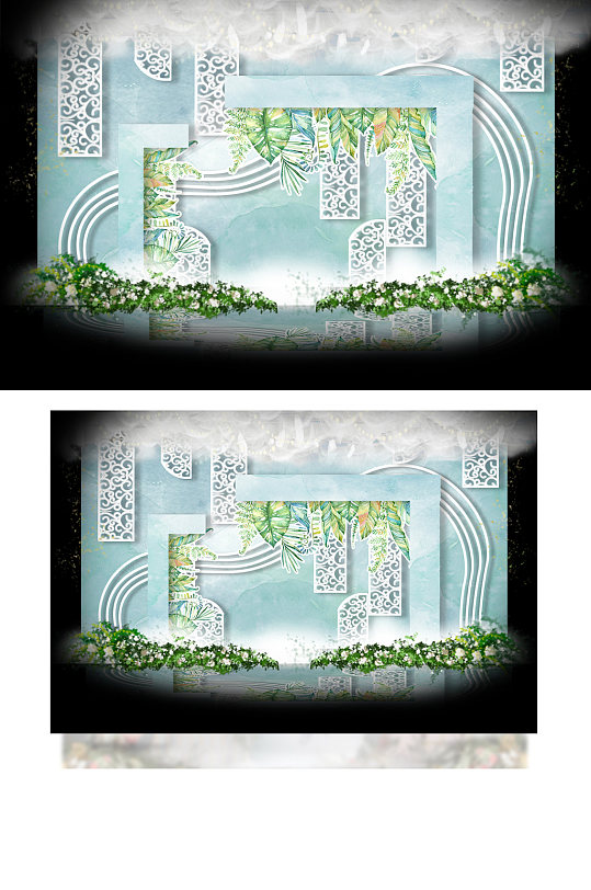 绿色小清新婚礼舞台背景婚礼效果图合影-众图网