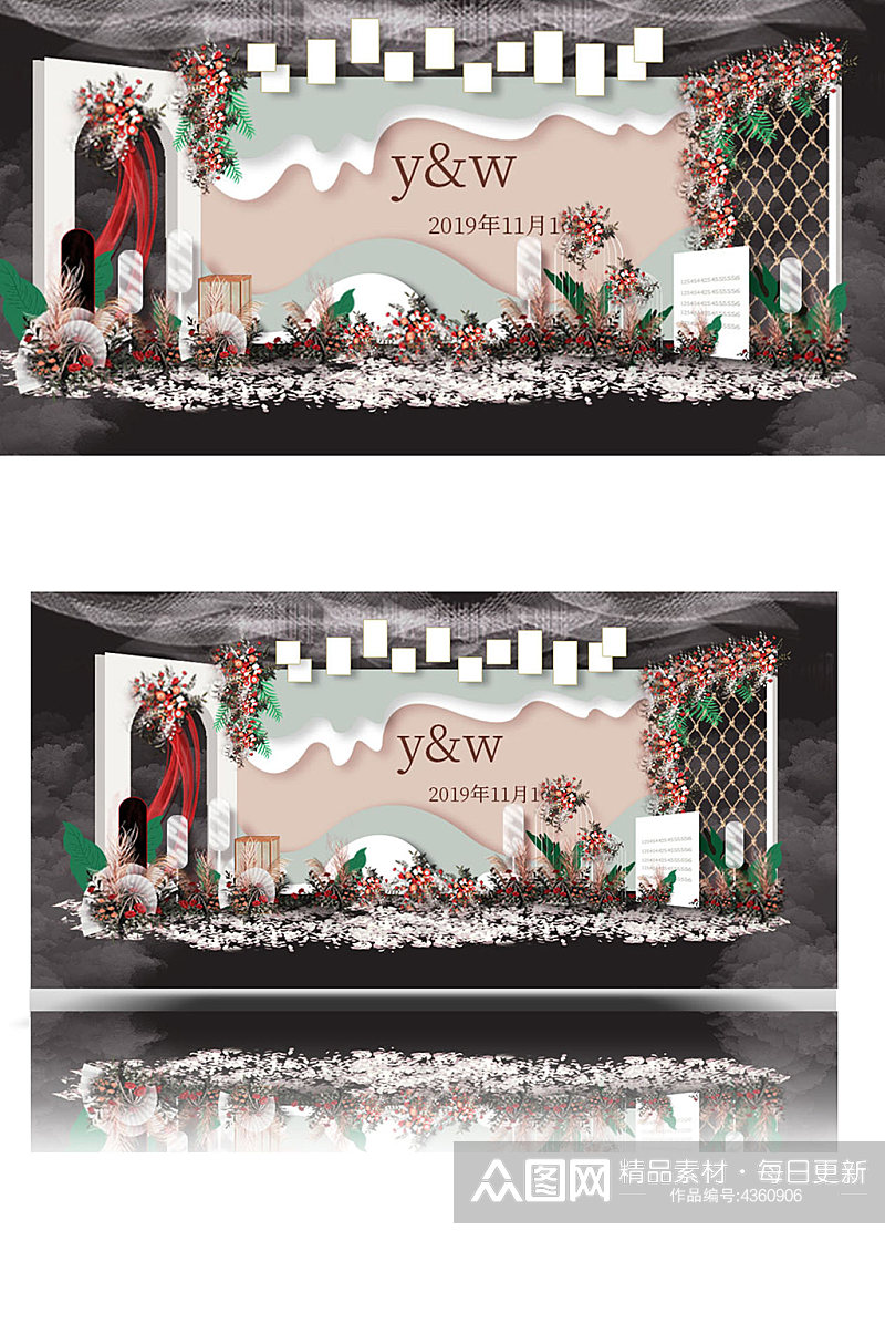 橘色绿色搭配婚礼效果图设计合影背景板素材