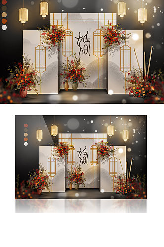香槟金红色中式复古典雅水墨婚礼效果图背景