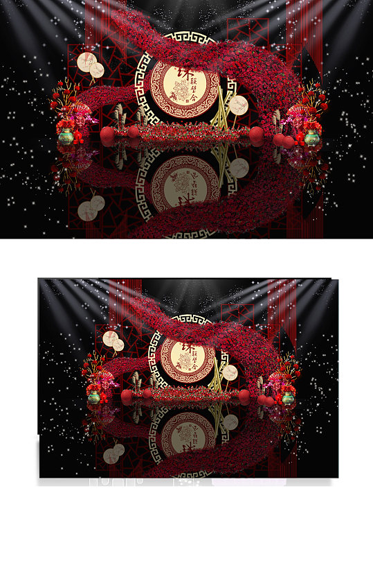 红色中国风中式婚礼迎宾区效果图合影背景板-众图网