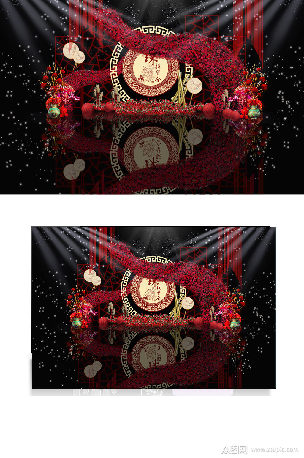 红色中国风中式婚礼迎宾区效果图合影背景板素材