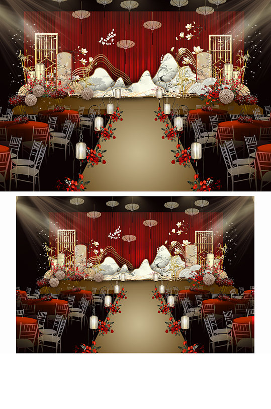 中国红复古婚礼舞台仪式区新中式喜庆大气-众图网