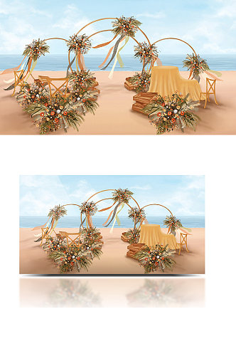 户外海岛海滩小清新沙滩手绘婚礼效果图