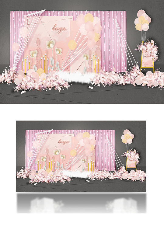 粉色布幔樱花婚礼效果图迎宾合影背景板