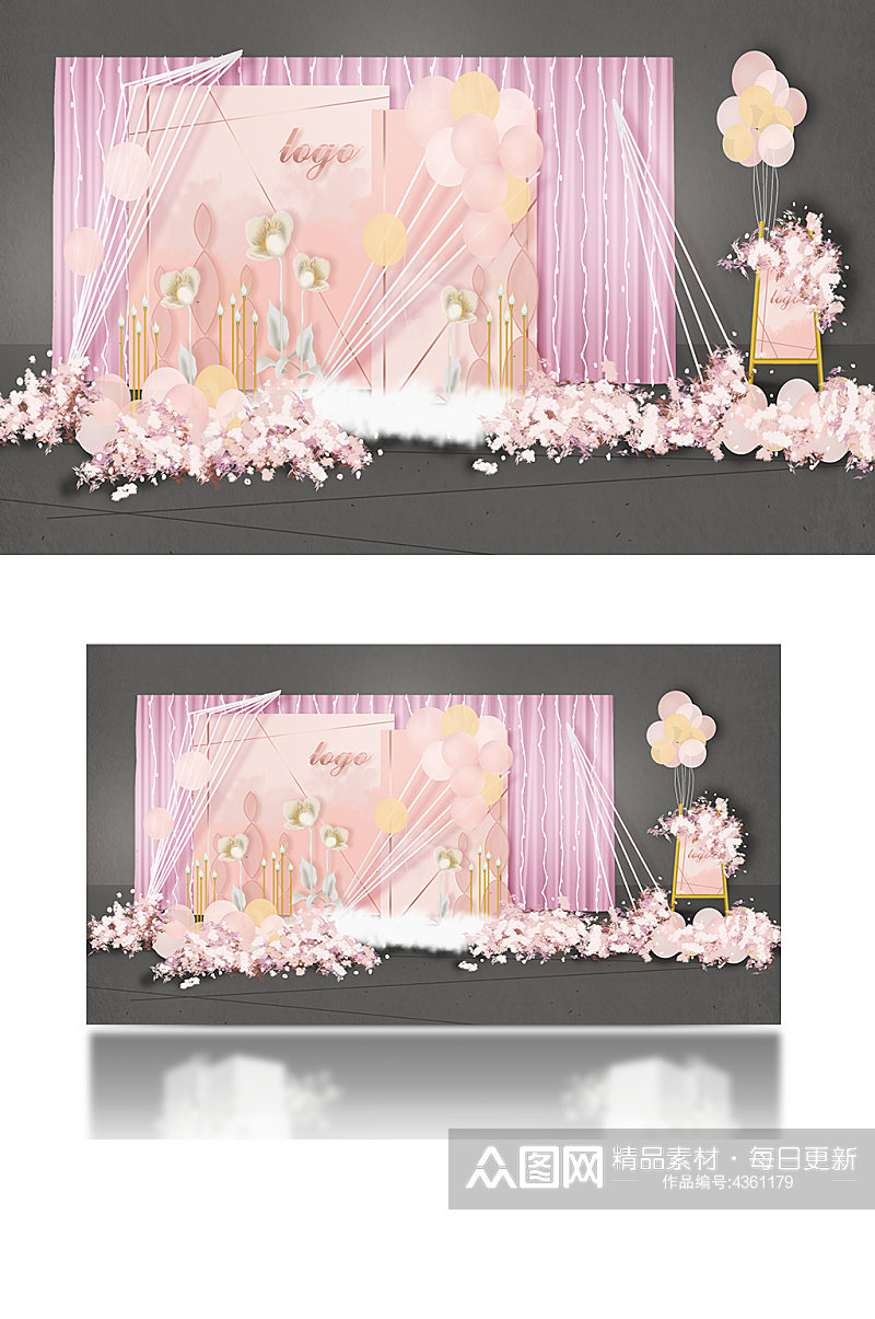 粉色布幔樱花婚礼效果图迎宾合影背景板素材