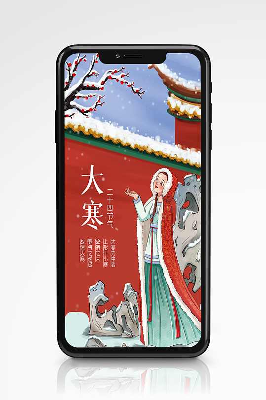 大寒传统节气手机海报插画新年红墙